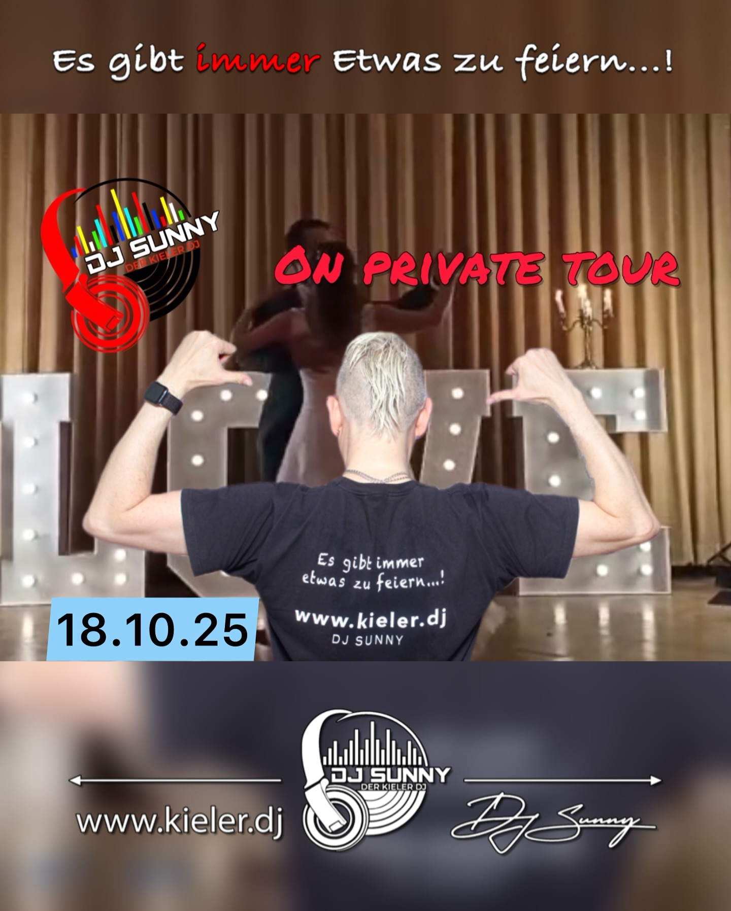 Sunny on tour: Ganz privat!
Wie immer gilt: wenn der Gastgeber es nicht wünscht, dass über seine Feier berichtet wird oder Fotos gemacht werden … dann ist da so! Und deshalb gibt es dieses Wochenende auch nur ein Platzhalter-Bild.
Und was kommt dann? Als Nächstes steht die erste Hochzeitsmesse an: @sag_ja_nms in Neumünster am 02.11. von 11:00 bis 17:00 Uhr. Und dann gibt es noch Hochzeitstage, Geburtstage und die ersten Weihnachtsfeiern…
Und wenn ihr auch noch was zu feiern habt - dann jetzt unverbindlich anfragen, ob euer Wunschtermin noch frei ist! 
.
Sunny Times - Euer DJ Sunny 
.
.
P.S.: ihr plant eure Feier? Lasst uns doch mal unverbindlich drüber sprechen!
.
.
.
.
.
.
.
.
.
#djsunny #djsunnykiel #hochzeit #kiel #kielerdj #kielerleben #kielerförde #hochzeitsdj #eventdj #hochzeit2025 #hochzeit2026 #hochzeit #rendsburg #neumünster #eckernförde #plön #badsegeberg #heiraten #feiern #geburtstagsfeier #eventdj #sunny #wedding #weddingdj #musikfacharbeiter #sunnytimes #ballroom #ballroomdj #standardtanzen #latein