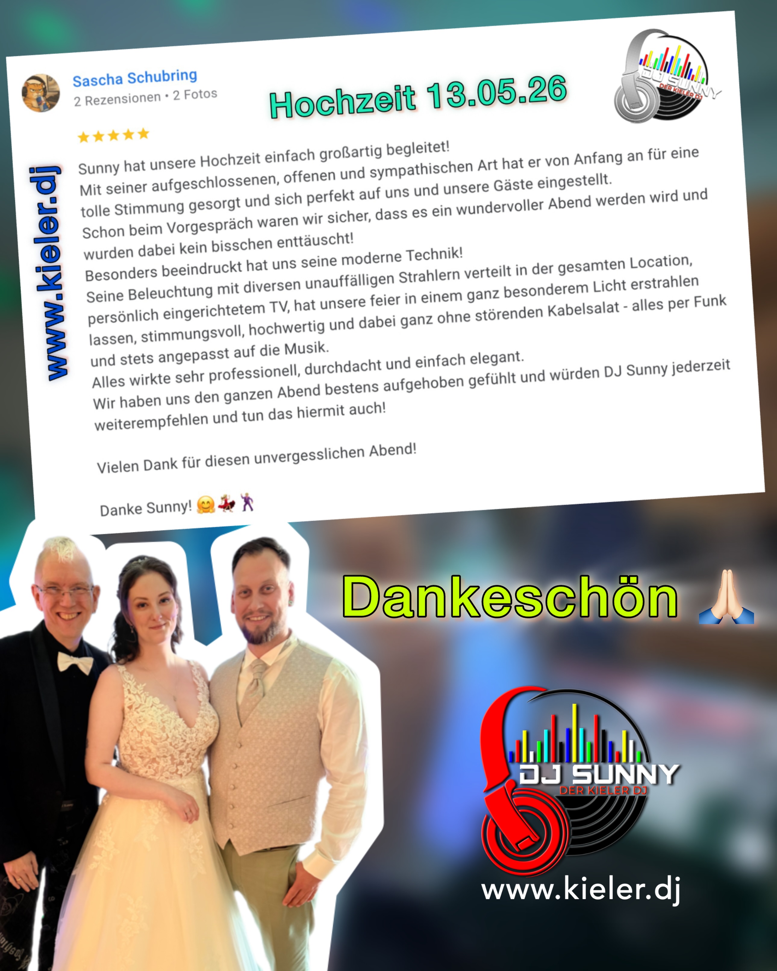 Sunny UpDate last week: Hochzeit in Giekau
Geheiratet wurde bereit sm Vormittag im Gut Helmstorf. Nachmittags gab es dann im schicken landgasthofGiekauerKroog Hochzeitstorte und Kaffee. Und zum Abend dann war ein tolles Essen und natürlich Partyzeit mit mir. Wo? Na bei der Hochzeit von Anni und Sascha.

Und hier kommt ein paar Tage später Ihre tolle Bewertung für mich. Eine Bewertung, die mir so viel bedeutet. So wie mir alle Bewertungen etwas bedeuten und mir so wichtig sind.
Bewertungen sind der Applaus - die Wertschätzung und das Lob für eine gelungene Veranstaltung. Dankeschön !!!
.
Liebe Grüße und Sunny Times – Euer DJ Sunny
.
.
P.S.: ihr plant eure Feier? Lasst uns doch mal unverbindlich drüber sprechen!
.
.
.
.
.
.
.
.
.
#djsunny #hochzeit #kiel #kielerleben #hochzeitsdj