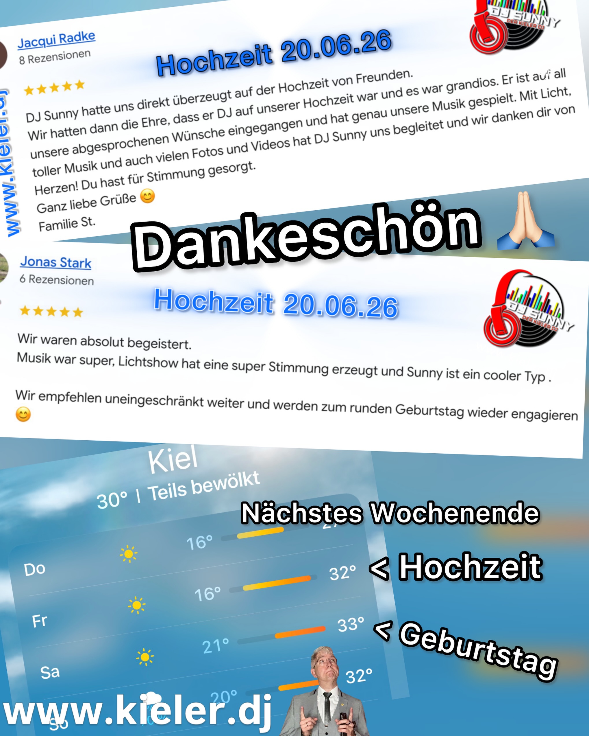 Sunny - very Sunny-Update
Sommer, Sommer, Sommer… fast jeder möchte gerne zu seiner Feier einfach perfektes Wetter haben. Aber was ist perfekt?
Am letzten Wochenende durfte ich Line und Jonas und Ihre Gäste im @primavera_at_blossombeach zu Ihrer Hochzeit begleiten. Es war heiß !! Und damit meine ich nicht nur das Wetter! Vielen Dank für Eure lieben Bewertungen!
Und nächstes Wochenende? Hochzeit und Geburtstag … und es wird heiß! Und damit meine ich zunächst einmal das Wetter! Aber: trotz Hitze: wir machen das Beste draus und feiern. Und für Abkühlung auf der Tanzfläche sorgen dann meine zwei Bodenventilatoren. 
Wie das Ganze dann so geworden ist… dazu Anfang nächster Woche dann mehr!
.
Liebe Grüße und Sunny Times – Euer DJ Sunny
.
.
P.S.: ihr plant eure Feier? Lasst uns doch mal unverbindlich drüber sprechen!
.
.
.
.
.
.
.
.
.
#djsunny #hochzeit #kiel #kielerleben hochzeitsdj