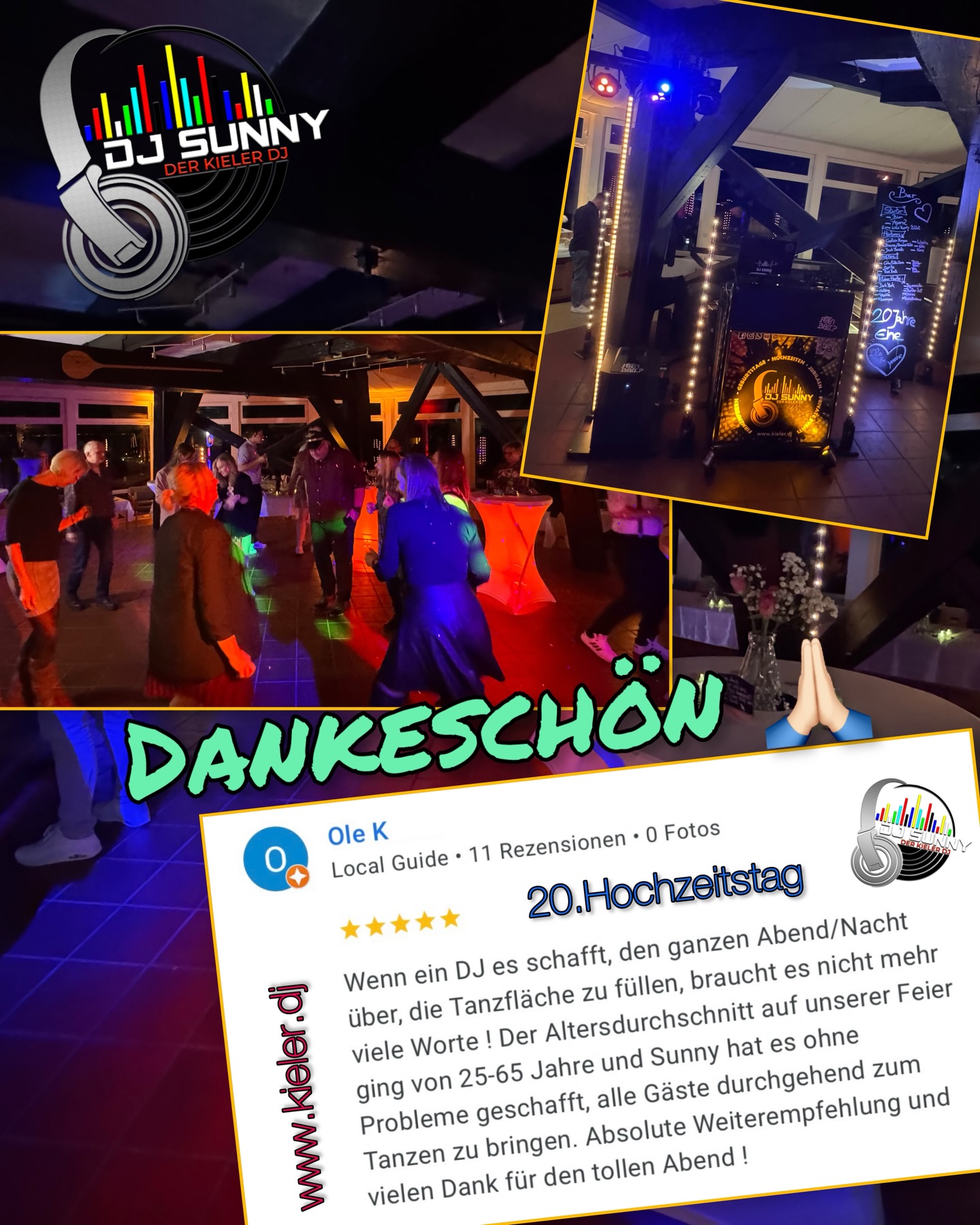 Sunny UpDate: 20.Hochzeitstag in einer alten Mühle
Hoch über den Dächern von Laboe in einer alten Windmühle durfte ich Yvonne und Ole und Ihre Gäste beim der Feier ihres 20.Hochzeitstag begleiten. Was soll ich sagen? Lest selbst! DAS war ein absolut geniale Party! Und das in einer Location, die ansonsten nicht mehr für Veranstaltungen zur Verfügung steht. Schade drum - aber gut für uns! Und so ging die Party bis spät in die Nacht. So spät, dass das Abbauen und Aufräumen auch für mich erst am Sonntagmittag auf dem Plan stand. Danke, für die tolle Bewertung!!
Und jetzt? Jetzt kommt der Weihnachtsfeiereimonat Dezember… Es wird spannend!
.
Sunny Times - Euer DJ Sunny 
.
.
P.S.: ihr plant eure Feier? Lasst uns doch mal unverbindlich drüber sprechen!
.
.
.
.
.
.
.
.
.
#djsunny #djsunnykiel #hochzeit #kiel #kielerdj #kielerleben #kielerförde #hochzeitsdj #eventdj #hochzeit2026 #hochzeit2027 #hochzeit #rendsburg #neumünster #eckernförde #plön #badsegeberg #heiraten #feiern #geburtstagsfeier #eventdj #sunny #wedding #weddingdj #musikfacharbeiter #sunnytimes #ballroom #ballroomdj #standardtanzen #latein