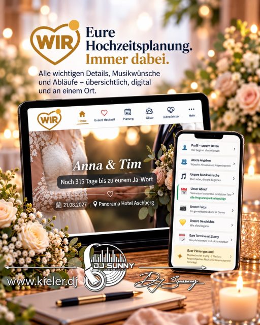 NEU!!! WIR. Das Sunny-Brautportal

Ein persönliches Vorgespräch mit dem Braut paar ist extremst wichtig. 
Zum einen ist es für mich ein wichtiger Punkt um das Brautpaar wirklich auch mal persönlich kennen zu lernen. 
.
Zum anderen müssen natürlich wichtige Dinge zum Ablauf der Hochzeitsfeier miteinander besprochen werden. Dazu gehört natürlich auch der richtige Zeitpunkt für eine Rede und die richtige Musik gibt es eine Hochzeitstorte und soll diese präsentiert werden? 
Dies und noch viele Dinge mehr bespreche ich generell in einem ausführlichen Vorgespräch mit euch.
.
Doch jetzt neu und exklusiv bei mir: meine eigene App nur für euch. WIR.
Bei der Buchung erhaltet ihr einen exklusiven Zugang zu dem WIR. Brautportal. 
Dies ist keine App die ihr irgendwo sonst laden könnt, sondern die gibt es wirklich nur bei mir.
.
Was bietet euch die App? Was soll sie für euch sein? 
- Eine Checkliste! 
- Eine universelle und umfangreiche Vorbereitungs-App für euren Traumtag 
- eine Kommunikationsplattform direkt zu mir 
- Musikwünsche 
- Ablaufplan und Ablaufwünsche
- Ansprechpartner…. Und vieles mehr!
All das können wir direkt über die App miteinander abgleichen und klären. Bequem und an einem Ort.
Dabei erinnert euch die App (auf Wunsch) an wichtige Termine oder noch fehlende Informationen. 
.
WIR. läuft auf jedem aktuellen Smartphone, Tablet oder Computer und lässt sich bequem von überall bedienen. 
UND das allerbeste: WIR. Ist nur für meine Hochzeitspaare und komplett kostenlos bei jeder Buchung dabei!
.
Also informiert euch gerne bei mir und lasst uns mal schauen, ob euer Wunschtermin 2027/2028 noch frei ist. 
.
Live erleben und euch informieren könnt ihr euch übrigens am kommenden Sonntag auf der Hochzeitsmesse @sag_ja_nms in den Holstenhallen in Neumünster. 
Wir.sunny-times.de
.
Liebe Grüße und Sunny Times – Euer DJ Sunny
.
.
P.S.: ihr plant eure Feier? Lasst uns doch mal unverbindlich drüber sprechen!
.
.
.
.
.
.
.
.
.
#djsunny #hochzeit #kiel #kielerleben #hochzeitsdj